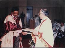 Prof. M. S. Ananth congratulates a graduating student at the 39th Convocation, 2002