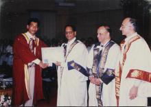 A prize winner poses for a photograph with Dr. K. Anji Reddy at the 39th Convocation, 2002