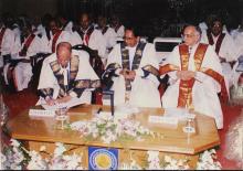 A close-up shot of Dr. Krishnaswamy Kasturirangan, Dr. K. Anji Reddy and Prof. M. S. Ananth at the 39th Convocation, 2002