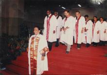 Faculty and administrative members as part of the academic procession, 39th Convocation (2002)